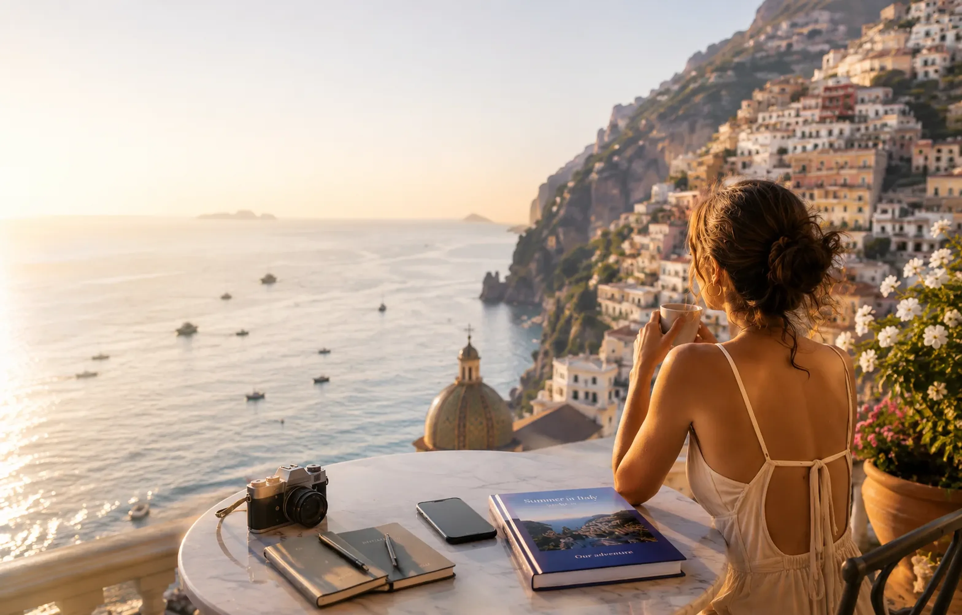 A traveller on a Positano balcony at golden hour, her camera, notebook and printed photobook on the table beside her.