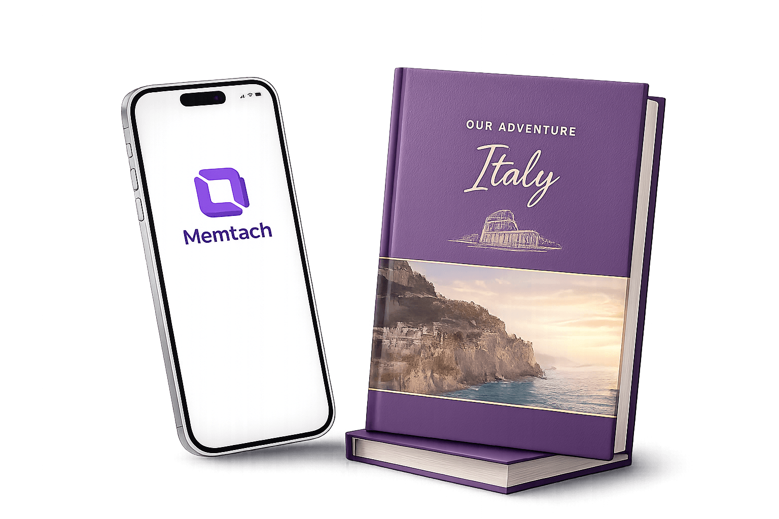 The Memtach app alongside a premium hardcover travel photobook