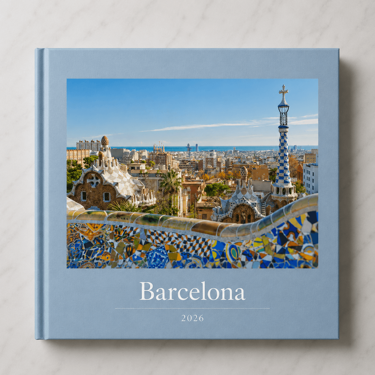 Barcelona travel photobook by Memtach — hardcover with the Sagrada Família on the front
