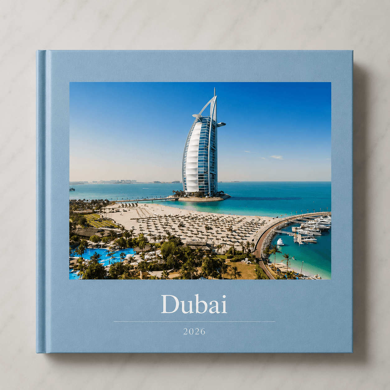 Dubai travel photobook by Memtach — hardcover with the Burj Khalifa on the front