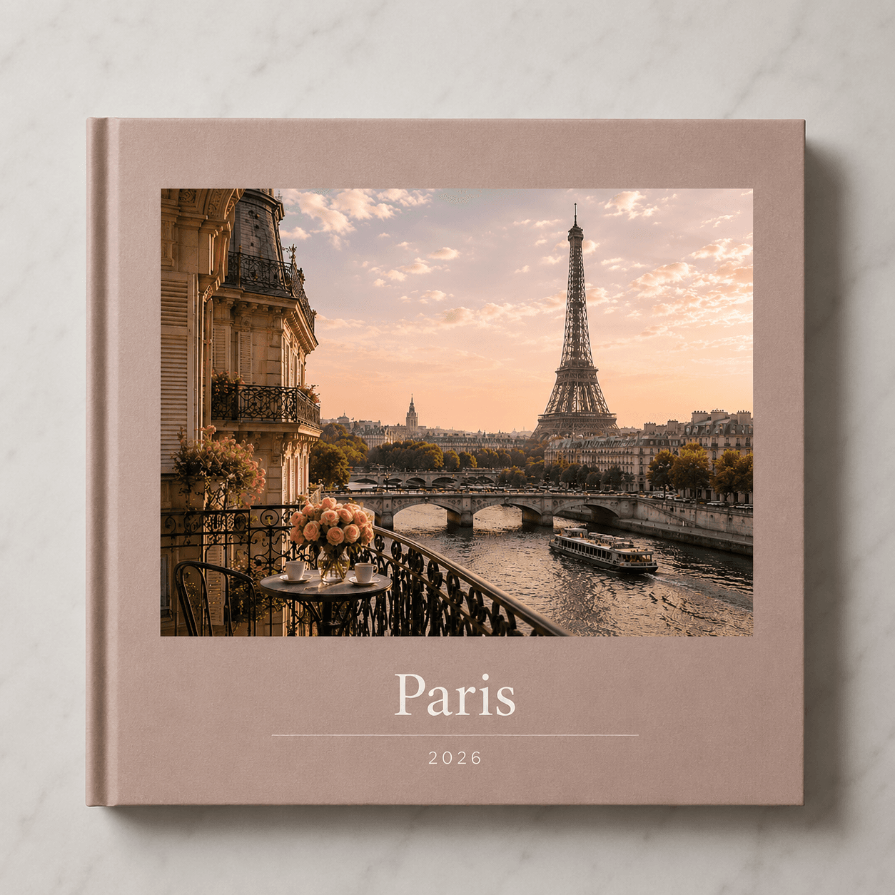 Paris travel photobook by Memtach — hardcover with the Eiffel Tower on the front