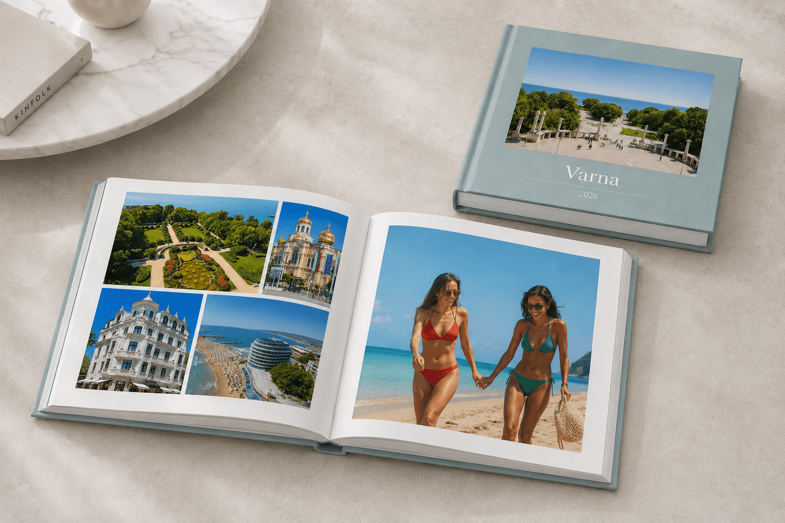 A Memtach photo book open on a table, showing a printed spread