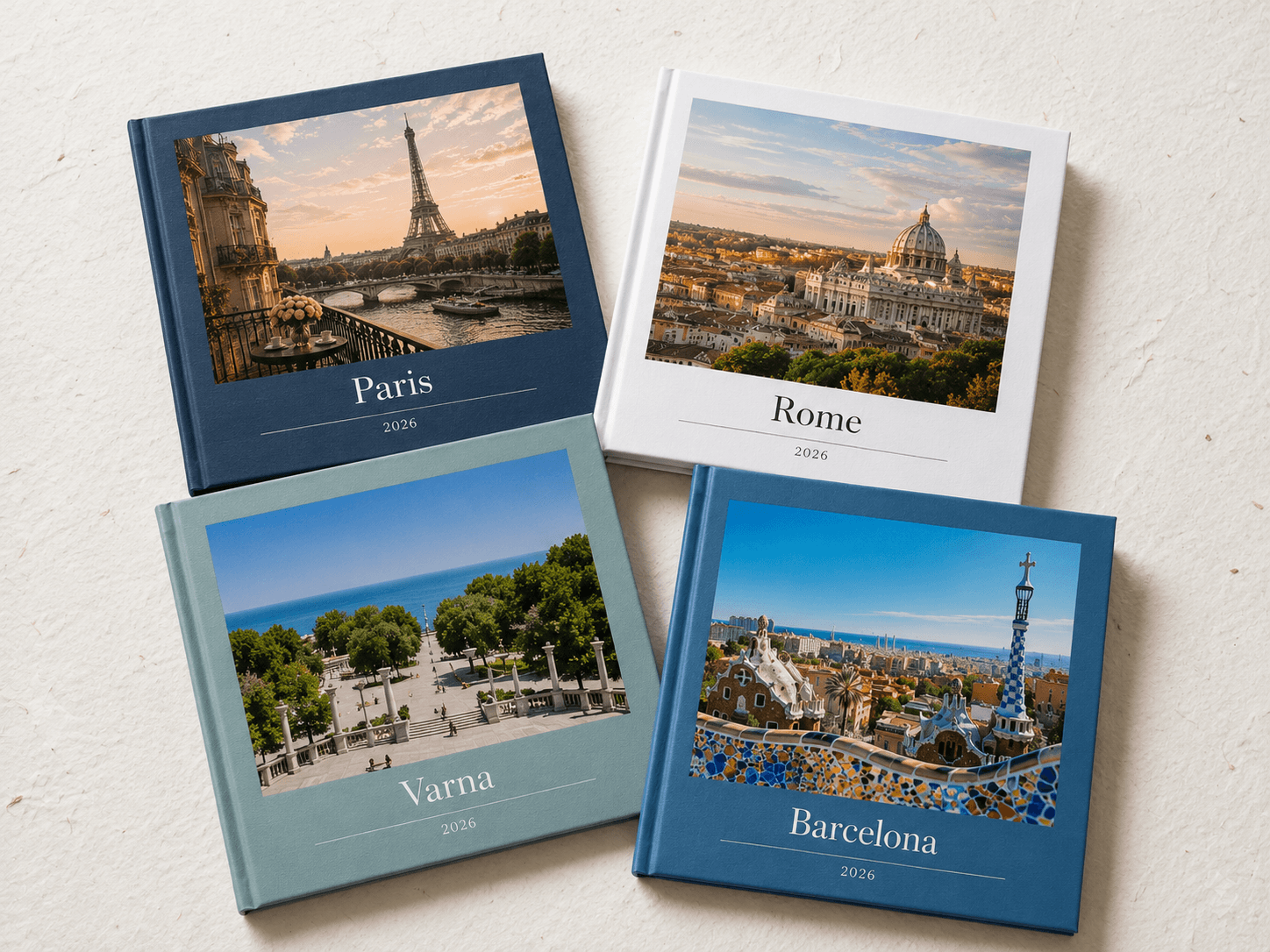 Open Memtach photobook showing a full-width travel photo across the spread