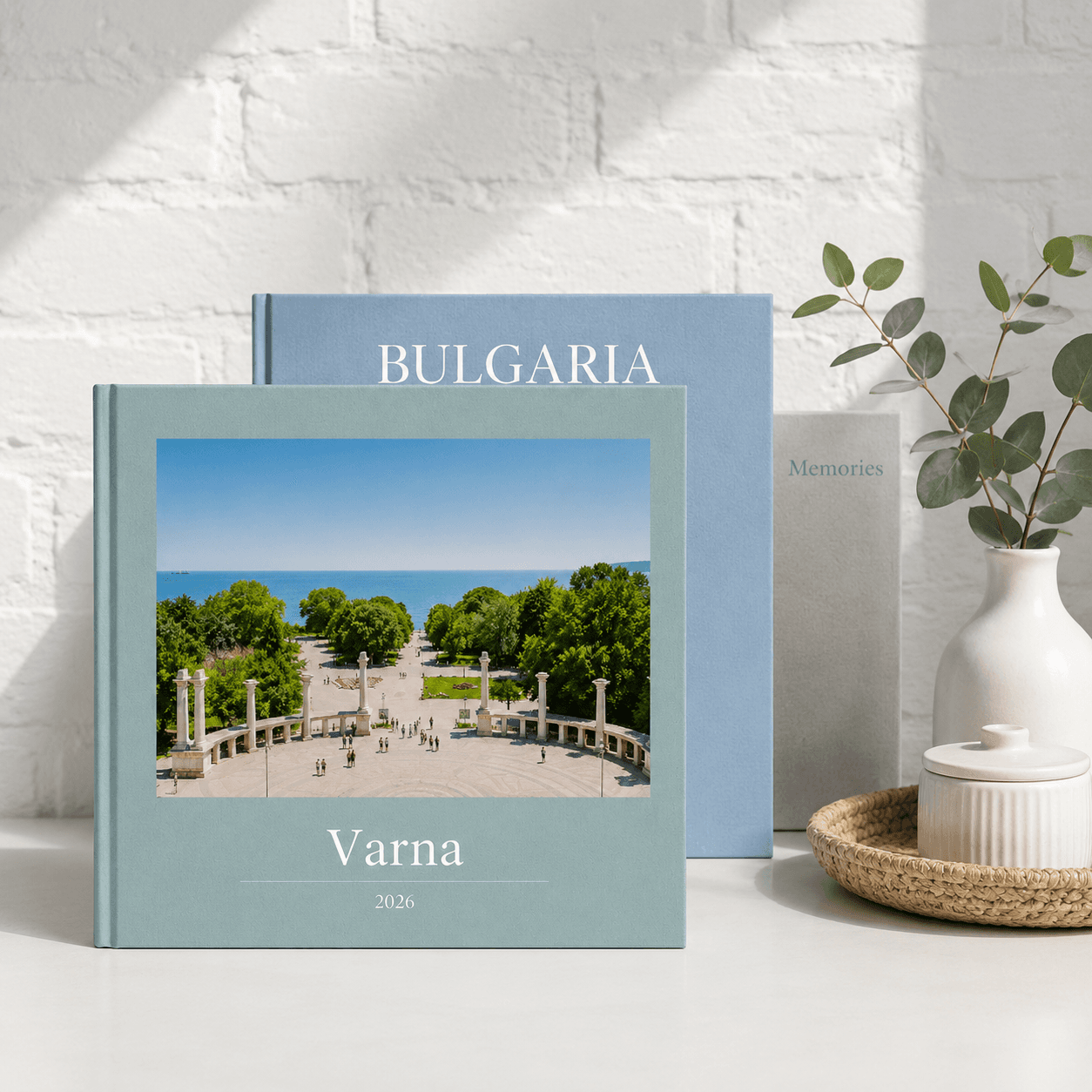 Memtach hardcover photobook closed, showing the matte-laminate cover and square spine