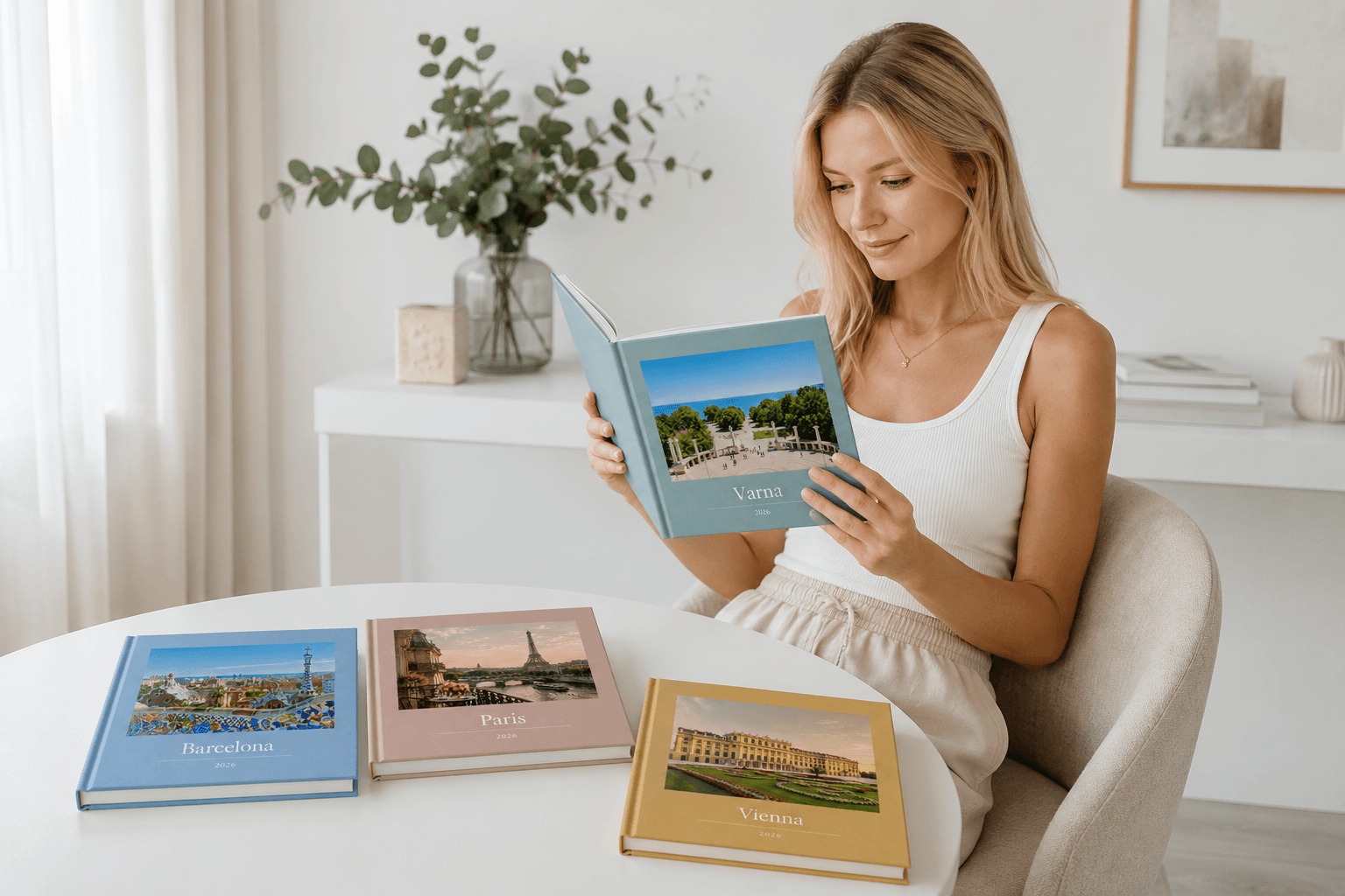 Photobook spread with several trip photos laid out in a grid on gloss paper