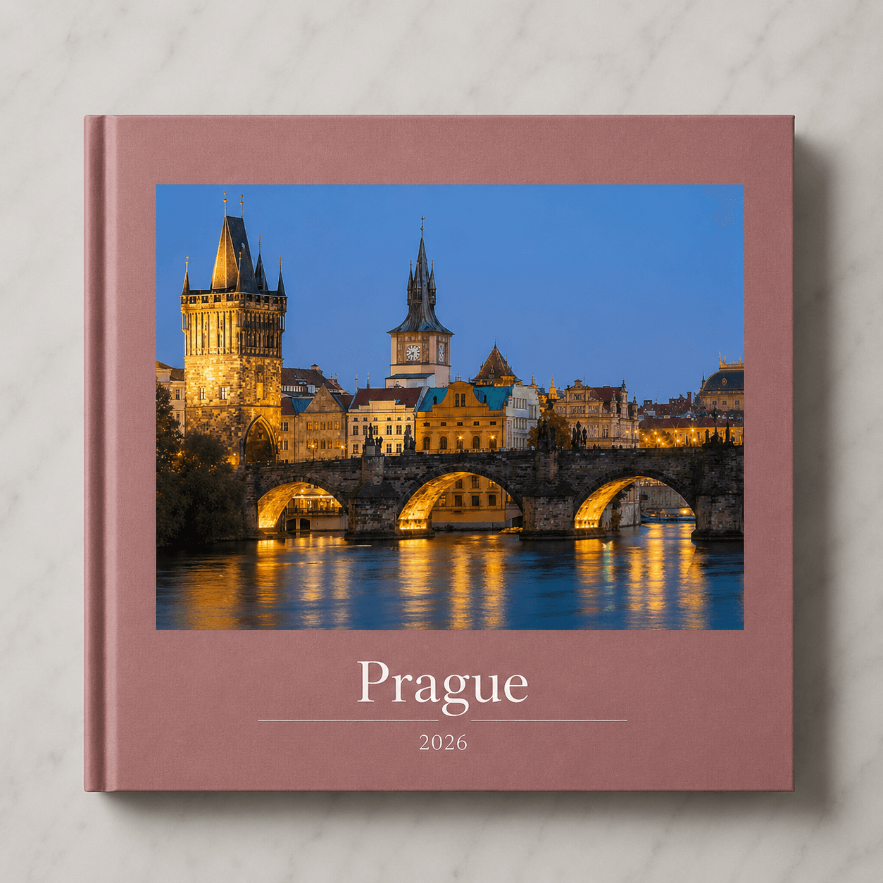 Prague travel photobook by Memtach — hardcover with Charles Bridge on the front