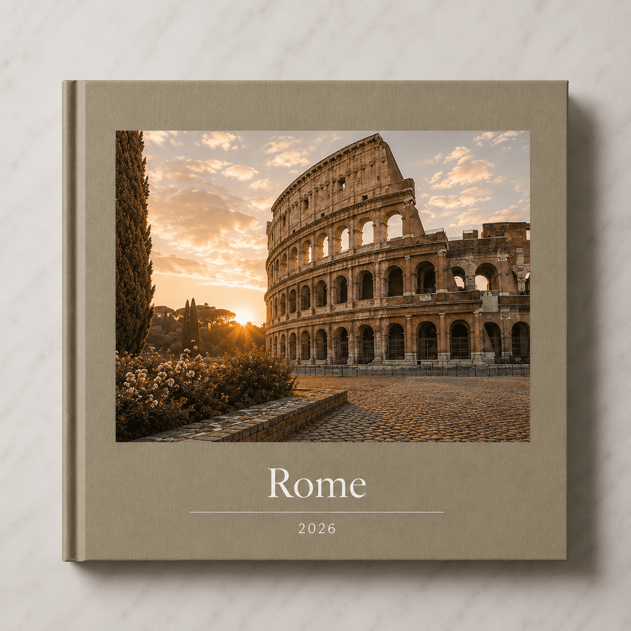Rome travel photobook by Memtach — hardcover with the Colosseum on the front